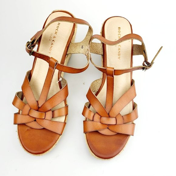 NEW ROCK & CANDY Brown Leather Espadrilles Wedge‎ 10 Platform Open Toe Strappy - Picture 7 of 13